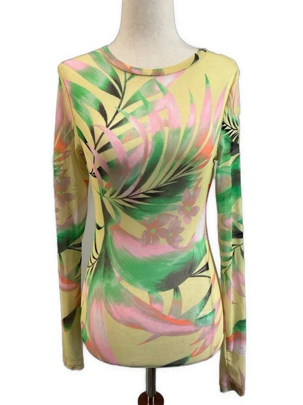 AFRM Women’s Green Pink Yellow Tropical Floral Sheer Mesh Long Sleeve Top Y2K Xs